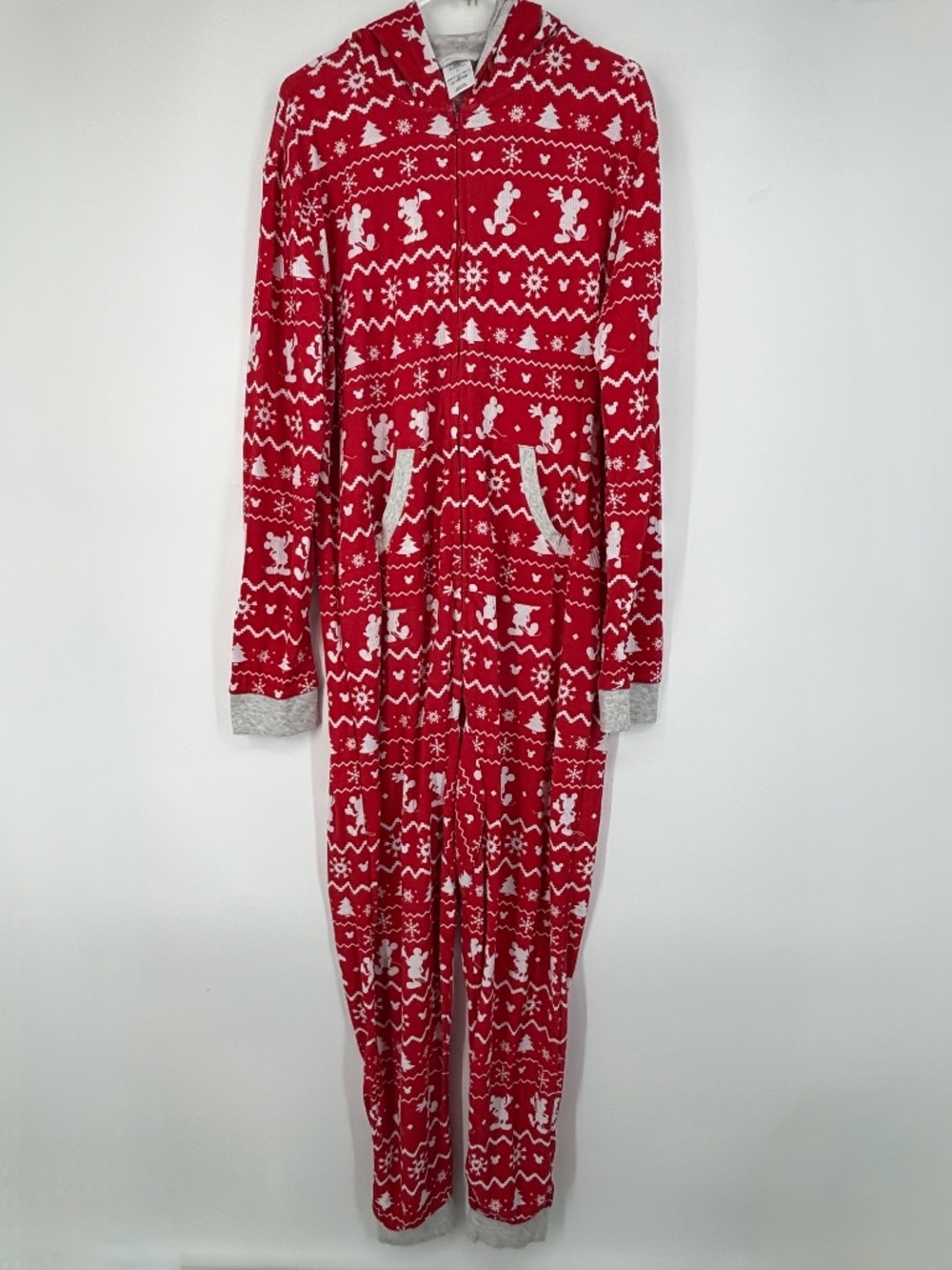 Disney Mens Medium One Piece Pajamas Zip Front Red White Mickey Mouse Ears Long